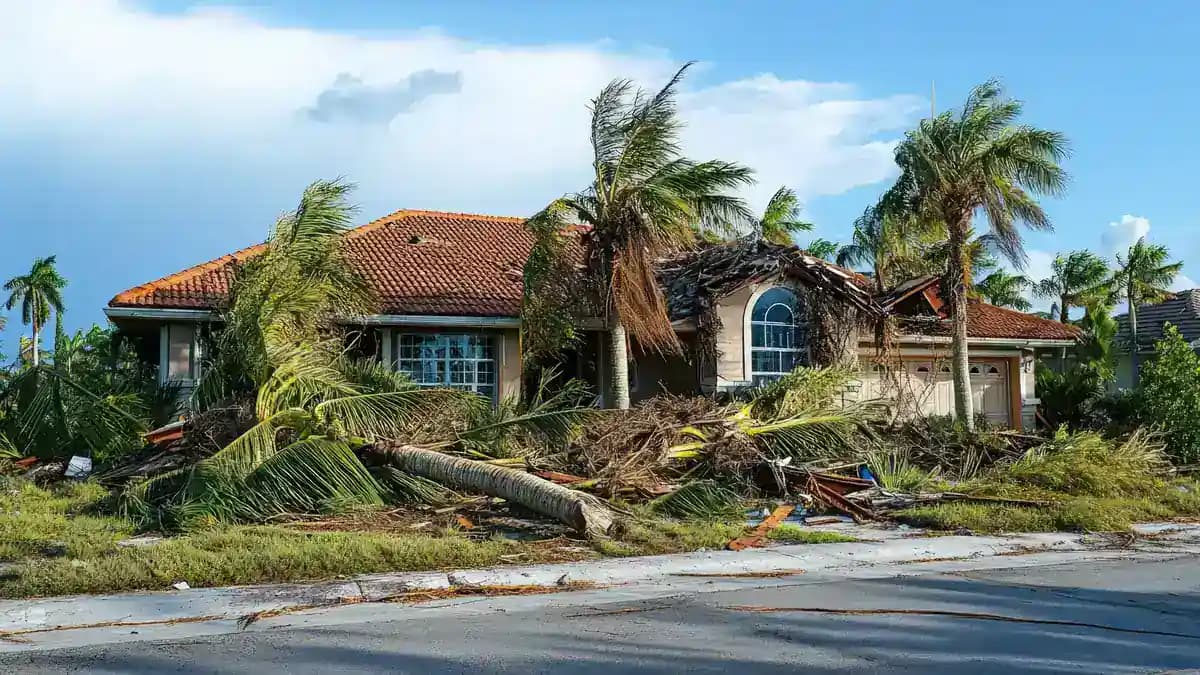 Hurricane damage to a house with debris and scattered palm trees